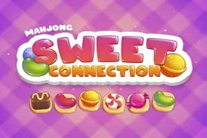 紫色のチェック柄の背景に「SWEET CONNECTION」とカラフルに書かれた文字と、下に5つのカラフルなお菓子のイラスト。