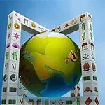 青空の下に、地球儀が3Dの麻雀牌の枠に囲まれているイメージ。