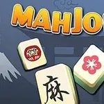 青い背景に「MAHJONG」という文字と3つの麻雀牌が描かれており、牌には花や文字が描かれています。