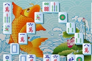 青い波模様の背景にオレンジの鯉と麻雀牌が配置されている画像。