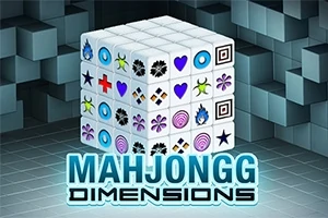 3Dで描かれたキューブの表面に様々なシンボルが描かれており、その下に「MAHJONGG DIMENSIONS」というテキストが表示されています。