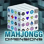 3Dで描かれたキューブの表面に様々なシンボルが描かれており、その下に「MAHJONGG DIMENSIONS」というテキストが表示されています。