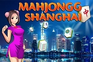 紫色のチャイナドレスを着た女性と背景に夜景が広がる上海の街並み、浮かぶ複数の麻雀牌。