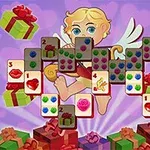 背景に紫色のハートが描かれ、中央には翼のある天使が飛んでおり、周囲にプレゼントの箱と麻雀牌が配置された画像。