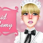 金髪のメイドが白いヘッドドレスと黒いリボンを着けており、背景にはピンク色の装飾枠に「Maid Academy」と書かれている。
