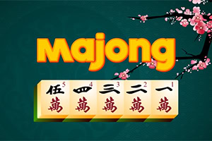 濃い緑の背景に「Majong」の文字と、桜の枝が飾られた麻雀牌が描かれている。