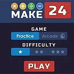 数字の「24」と四則演算のシンボルが表示されたインターフェースで、ゲームモードや難易度選択が含まれている。