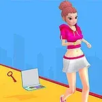 ピンクの髪と服を着た女性が黄色い道を歩いている。