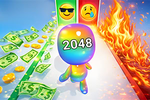 虹色の「2048」キャラクターが、お金と炎に挟まれた道を進むカラフルな3Dイラスト。
