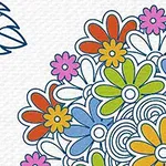 カラフルな花と葉のイラストが描かれたデザイン。