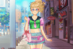 金髪の少女がカラフルな服装で買い物バッグを持ち、都市の商店街を歩いている。