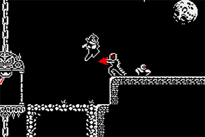 白黒のドット絵スタイルで、人がモンスターと対峙している場面。