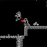 白黒のドット絵スタイルで、人がモンスターと対峙している場面。