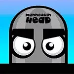 大きな目と太い眉を持つ灰色の円形のキャラクターが青い背景の前に描かれている。