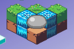 緑の草ブロックに囲まれた中央に大きな灰色の丸い岩があり、2つの水ブロックが垂直に流れ落ちている。