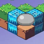 緑の草ブロックに囲まれた中央に大きな灰色の丸い岩があり、2つの水ブロックが垂直に流れ落ちている。