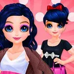 ピンクの背景に大きな青い目を持つ2人のアニメ風の女の子が立っている。