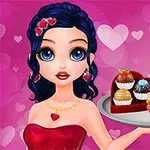 青い髪の少女が赤いドレスを着て、ケーキとチョコレートが乗ったプレートを持っている。
