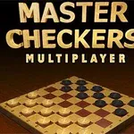 マスター・チェッカー・マルチプレイヤーのタイトルの下にチェッカーボードが配置されている画像。