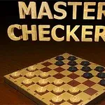 チェッカーボードの上に駒が配置され、「MASTER CHECKERS」という文字が表示されている画像。