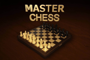 木製チェスボードに並べられた白と黒の駒と上部に大きく表示された「MASTER CHESS」の文字。