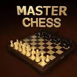木製チェスボードに並べられた白と黒の駒と上部に大きく表示された「MASTER CHESS」の文字。
