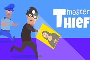 泥棒が絵画を持って走り、警官が追いかけているイラスト。