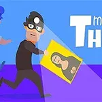 泥棒が絵画を持って走り、警官が追いかけているイラスト。