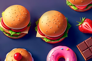 青い背景にハンバーガー3個、ドーナツ2個、イチゴ、板チョコが並ぶフラットレイ。