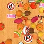 カラフルな果物、野菜、看板、その他のアイテムが木製のテーブルに散らばっている。