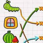 緑色のイモムシ、窓、スイカ、文字「W
