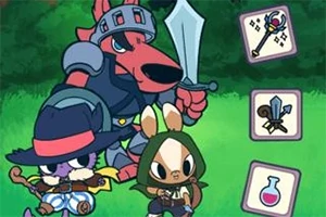 アニメ風のキャラクターたちが森の中で剣や杖を持ち冒険の準備をしている様子。