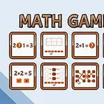 「MATH GAMES」と書かれたタイトルと、様々なアイコンが並ぶ数学ゲームのインターフェース。