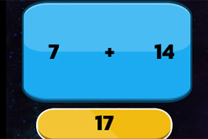 青い背景に黒い数字で「7 + 14」と表示され、下に黄色のボタンで「17」と書かれている。