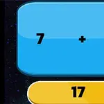 青い背景に黒い数字で「7 + 14」と表示され、下に黄色のボタンで「17」と書かれている。