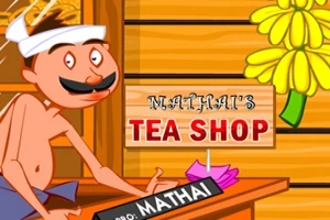 店主が立っている看板に「MATHAIS TEA SHOP」と書かれた木造の建物内の様子。