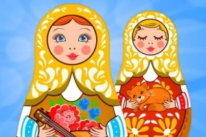 青い背景に、花柄の衣装を着た2体のロシアのマトリョーシカ人形が描かれている。
