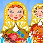 青い背景に、花柄の衣装を着た2体のロシアのマトリョーシカ人形が描かれている。