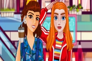 ショッピングモールで、コーヒーを持った女性とカジュアルな服装の女性が並んで立っているイラスト。