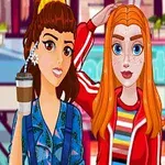 ショッピングモールで、コーヒーを持った女性とカジュアルな服装の女性が並んで立っているイラスト。