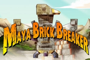 山岳風景を背景に、石の塔と積み重なったブロックの前に「Maya Brick Breaker」の大きなロゴ文字が描かれている。