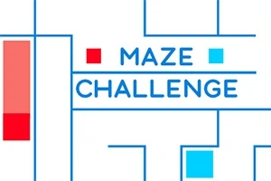 青と赤の四角形と線で構成された迷路デザインと「MAZE CHALLENGE」のテキスト。