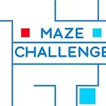 青と赤の四角形と線で構成された迷路デザインと「MAZE CHALLENGE」のテキスト。