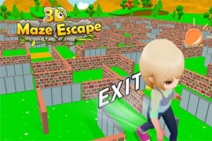 キャラクターが緑の草地にあるレンガの迷路を歩くシーン。