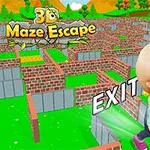 キャラクターが緑の草地にあるレンガの迷路を歩くシーン。