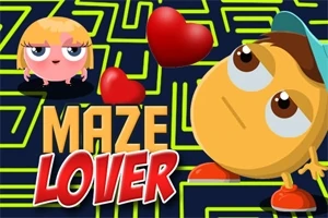 黄色いキャラクターとピンク色のキャラクターが迷路の背景の前に立っており、赤いハートが浮かんでいる。