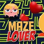 黄色いキャラクターとピンク色のキャラクターが迷路の背景の前に立っており、赤いハートが浮かんでいる。