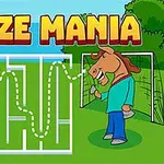 緑の背景に迷路、サッカーボール、馬のキャラクターが描かれているイラスト。