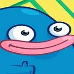 青いキャラクターが大きな目とピンク色の唇で笑っているイラスト。