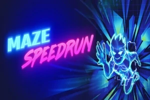 ネオンサイン風のテキスト「MAZE SPEEDRUN」と疾走するキャラクターの光のシルエット。